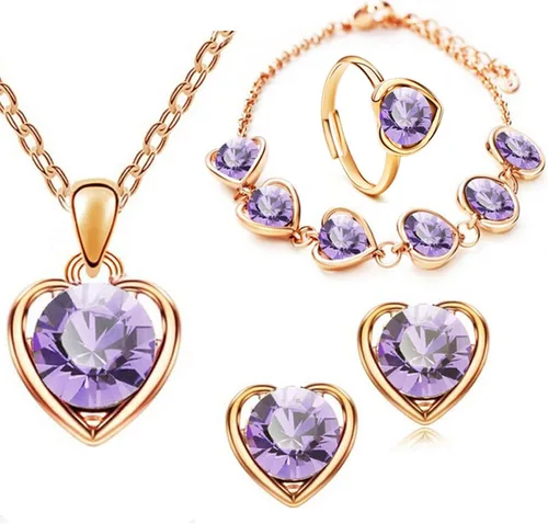 Vista 3 de 4 piezas elegantes para collar, pendientes, pulsera, anillo ajustable para mujer, collar con colgante de corazón de diamantes de imitación, juego