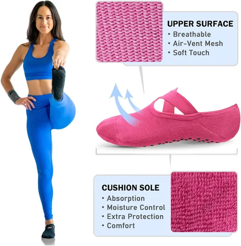 Vista 4 de NEWZILL Calcetines de yoga antideslizantes 2024 para mujer, calcetines de agarre con cojín para pilates, barre, ballet, danza, hospital (3 pares)