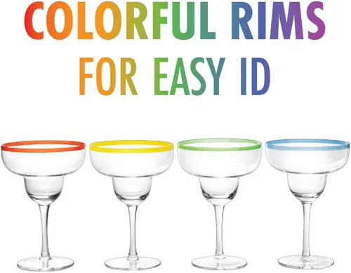 Vista 5 de Vasos de cóctel Margarita de 12 onzas + bordes coloridos para fiesta, juego de 4, resistentes, gruesos, soplados a mano, copas clásicas de bebidas
