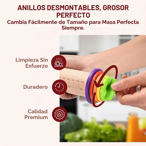 Vista 4 de Kitchtic Rodillo con anillos de grosor – Rodillo de madera ajustable – Herramienta esencial para hornear y rodillo – Grosor consistente – Fácil