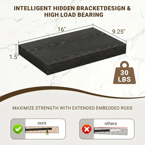 Vista 3 de Acovy Estantes flotantes de 16 pulgadas, estantes flotantes de 16 x 9.25 x 1.5 pulgadas de profundidad para pared, estantes de madera para baño