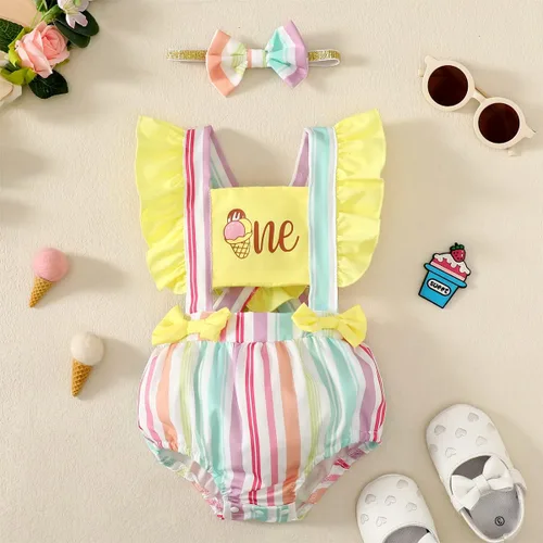 Vista 2 de Shalofer Traje de 1er cumpleaños para niña, overol de helado de verano con diadema