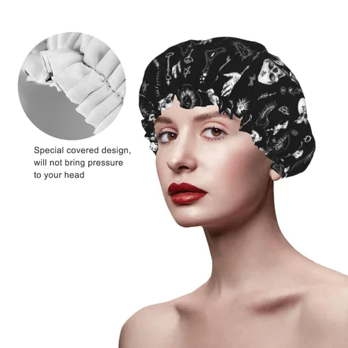 Vista 4 de Gorro de ducha gótico, cuervo, cuervo, calavera, luna, estrella, gótico, gorra de baño diseñada para mujeres, impermeable, doble capa