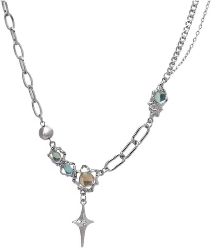 Vista 34 de Y2k - Collar irregular con dije de estrella, piedra de luna, diseño de cadena de moda, joyería de plata picante para mujer
