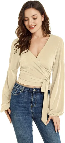 Vista 3 de LYANER Blusa corta de manga larga con cuello en V para mujer, con nudo y nudo
