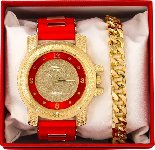Vista 6 de Techno Pave Juego de reloj de diamantes helados de gran tamaño y pulsera cubana para hombre