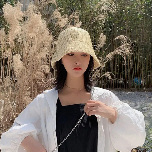 Vista 5 de Women Sun Hat Hand-Woven Packable Beach Bucket Hat Summer Floppy UV Protection Hats Beige