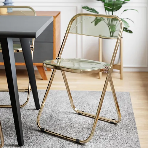 Vista 2 de LeisureMod Juego de 2 sillas plegables modernas de acrílico transparente Silla de escritorio con marco de metal dorado Cómoda silla decorativa
