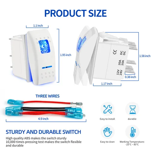 Vista 10 de Interruptor basculante blanco de 5 pines, luz LED azul de encendido/apagado, 20A/12V, 10A/24V, interruptor de palanca con cables de puente