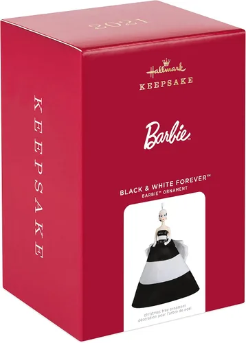 Vista 3 de Hallmark Keepsake Adorno navideño 2021, Barbie blanco y negro para siempre, porcelana y tela