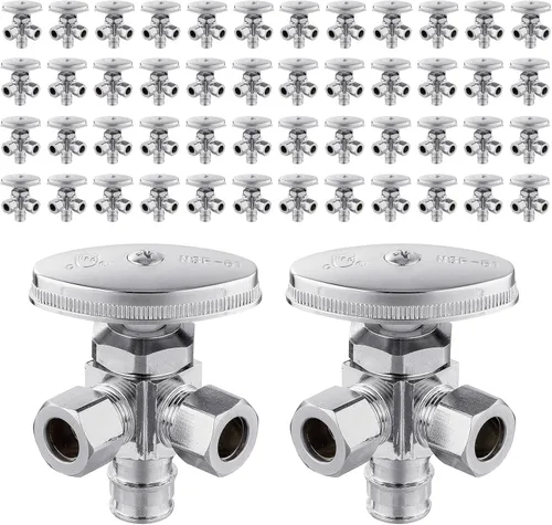 Vista 13 de EFIELD Válvula de parada de ángulo de giro múltiple con salida de compresión doble, 1/2 "NOM (5/8" OD) x (3/8 pulgadas x 3/8 pulgadas) cromo