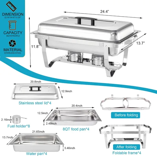 Vista 6 de Juego de Bandejas Calentadoras (Chafing Dish) para Buffet de 4 Piezas, Bandeja de Comida Rectangular Plegable de Acero Inoxidable de 8 Cuartos