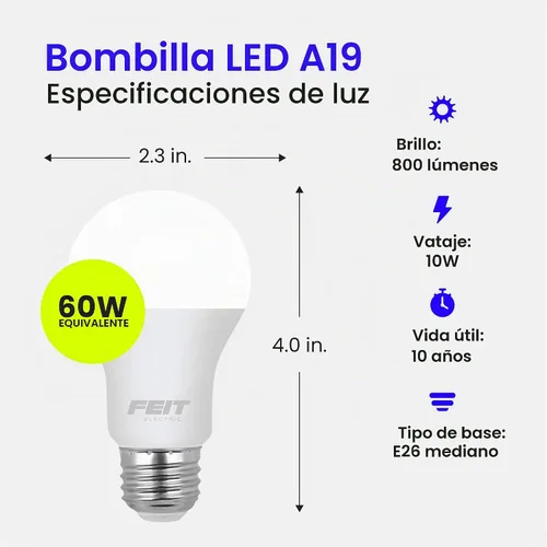 Vista 3 de Feit Electric Bombillas LED A19, equivalente a 60 W, no regulables, 800 lúmenes, base estándar E26, blanco suave de 2700 K, 80 CRI, vida útil de 10