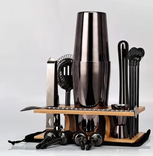 Vista 6 de Kit de coctelera de 17 piezas con soporte, coctelera Boston, cuchara mezcladora, Muddler, jigger medidor, exprimidor de limón, pinzas, sacacorchos