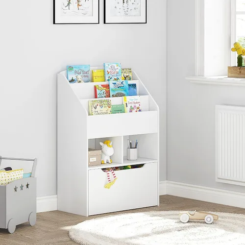 Vista 2 de UTEX Estantería para niños con caja de juguetes móvil, estante para libros y almacenamiento de juguetes, estante de exhibición de libros para niños