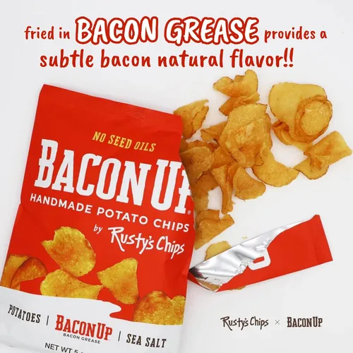 Vista 4 de Bacon Up by Rusty's Chips - Papas fritas de tocino hechas a mano, sin aceites de semillas, sin gluten, sin conservantes, sin OMG, 5 onzas