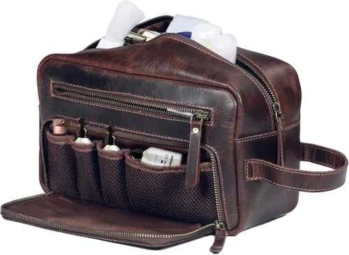 Vista 4 de Neceser de cuero para mujer, bolsa de cosméticos, kit Dopp, marrón oscuro, 10 x 4 x 5.5 pulgadas, vintage prémium