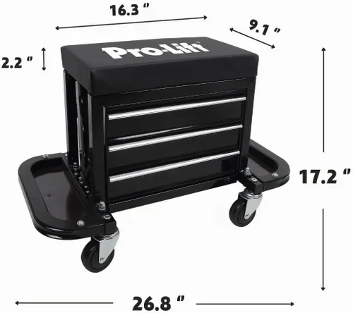 Vista 2 de Pro-Lift Mecánico - Asiento de rodillo con caja de herramientas, taburete de 3 cajones con cojín de asiento acolchado para enredadera de garaje