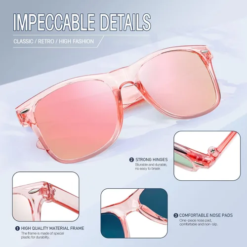 Vista 6 de Paquete de 1224 gafas de sol espejadas coloridas con marco transparente de neón retro de los años 80 y 90 a granel para hombres y mujeres