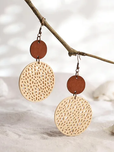 Vista 3 de Bohemian Hollow Cut-Out Wood Leather Dangle Drop Earrings, Boho Chic Hippie Statement Jewelry Gift for Women S01A