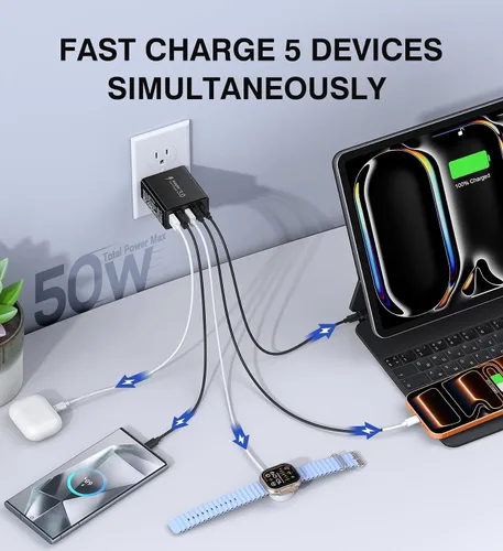 Vista 2 de [Paquete de 2] Cargador de pared USB C, bloque de cargador USB C de 50 W, bloques de carga rápida PD de 5 puertos, 2USB C + 3USB A enchufe