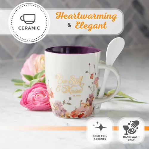Vista 5 de Taza de café y té con escritura de Christian Art Gifts con juego de cucharas de cerámica para mujeres: Be Still and Know - Salmo 46:10 Mensaje