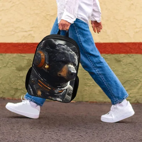 Vista 7 de AmzPrint Mochila negra para niños y niñas de 17 pulgadas con estampado de animales, ligera, mochila escolar para estudiantes, Oso, Classic