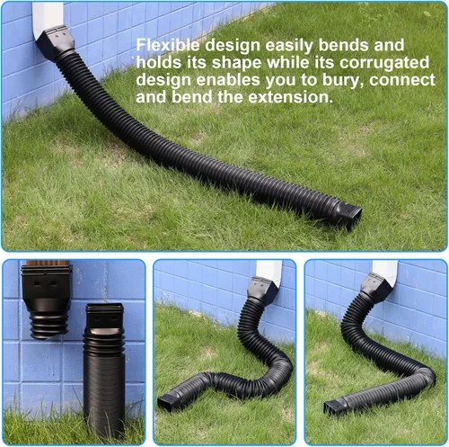 Vista 4 de plusgutter Black - Paquete de 2 extensiones flexibles de canaleta de lluvia, extensor de desagüe, extensor de drenaje de canalón, conector de Negro