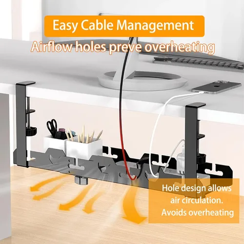 Vista 4 de BYMECOST Bandeja de gestión de cables doble sin taladrar debajo del escritorio, extensible de acero resistente para debajo del escritorio, bandeja