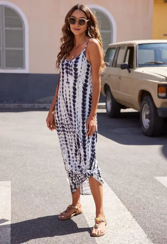 Vista 4 de Supnier - Vestido largo de verano para mujer, vestido flora, informal y bohemio con cuello en V, sin mangas, con tirantes delgados y bolsillos