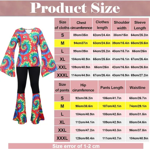 Vista 3 de Jiuguva Conjunto de 17 piezas de disfraz hippie de los años 60 y 70 para mujer, vestido de discoteca, pantalones bohemios, acampanados, camisa