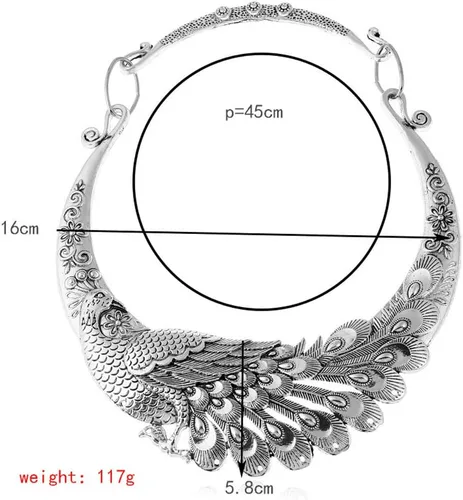 Vista 5 de YAZILIND Collar grueso con pechera de pavo real, bohemio, vintage, chapado en plata, étnico, collar de clavícula, joyería, Metal, No es una piedra
