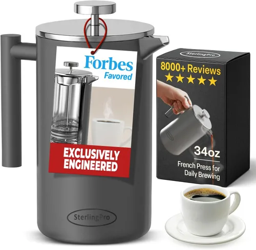 Vista 19 de SterlingPro Cafetera de prensa francesa de acero inoxidable, grande, 1 L (34 onzas), color negro, prensa de café duradera con aislamiento de doble