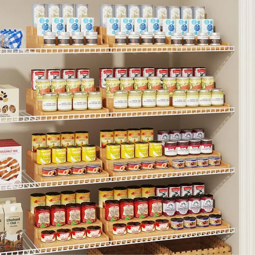 Vista 2 de Organizador de latas de bambú expandible para despensa, soporte de almacenamiento de latas ajustable de 3 niveles, organizador de soda con capacidad