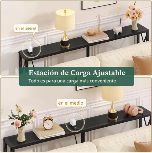 Vista 7 de Gewudraw - Mesa de sofá estrecha de 55.1", mesa consola con tomas de corriente y puertos USB, mesa de entrada, mesa de sofá industrial para pasillo