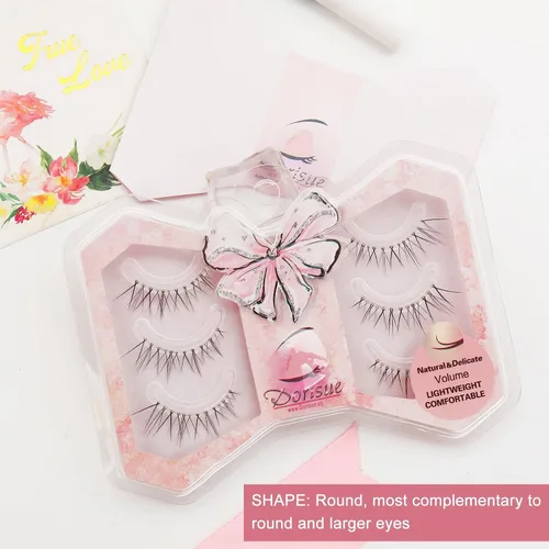 Vista 5 de Natural Lashes Round Shape with Eye-openning effect Criss crossed eyelashes with invisable strong band 3 pairs Set Q11