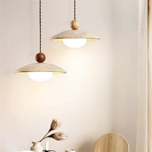 Vista 3 de Dining Room Pendant Lights Fixtures Natural Yellow Travertine Chandelier with Wood Accents Modern Simple White Glass Hanging Lamp for Kitchen Island