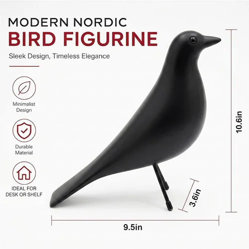 Vista 2 de Decoración de habitación de casa de mediados de siglo con forma de pájaro - Adorno de pichón de resina para escritorio de oficina y hogar, Negro