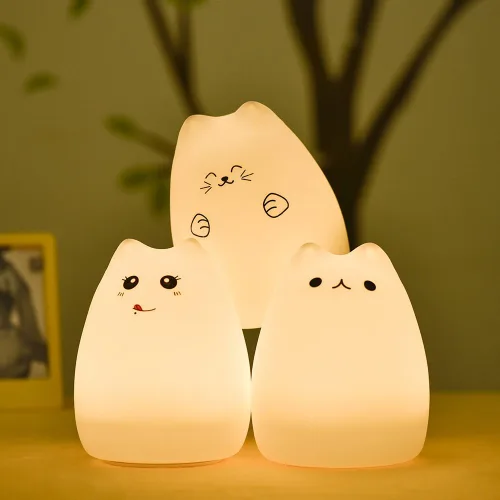 Vista 7 de WoneNice Linda luz nocturna de gatito, bonita lámpara de silicona recargable con blanco cálido y modos de respiración de 7 colores, control