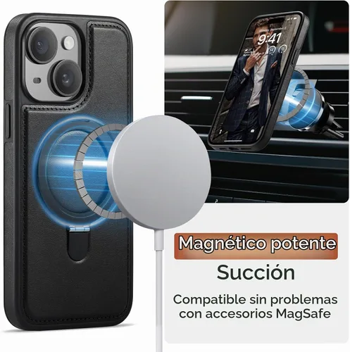 Vista 4 de Funda para iPhone 13 con soporte compatible con Magsafe de piel sintética delgada y poliuretano termoplástico duradero a prueba de caídas, soporte