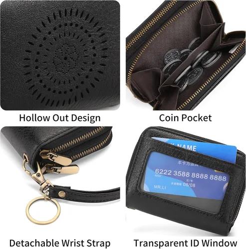 Vista 4 de SENDEFN Tarjetero de cuero para tarjetas de crédito, cartera pequeña para mujer, bloqueo RFID, doble cremallera con ventana de identificación