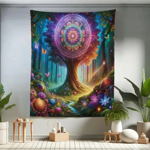 Vista 104 de Ambesonne Tapiz verde, fases lunares alrededor de un árbol de la vida, impresión de diseño bohemio de astrología nocturna, decoración de tela