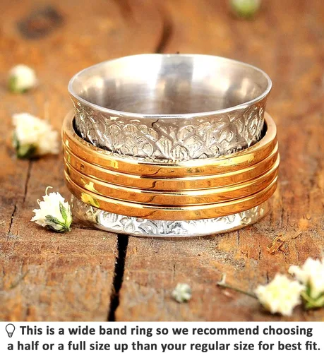 Vista 7 de Boho-Magic Anillo giratorio de plata de ley 925 para mujer con 4 anillos de latón para ansiedad, banda ancha gruesa, Metal