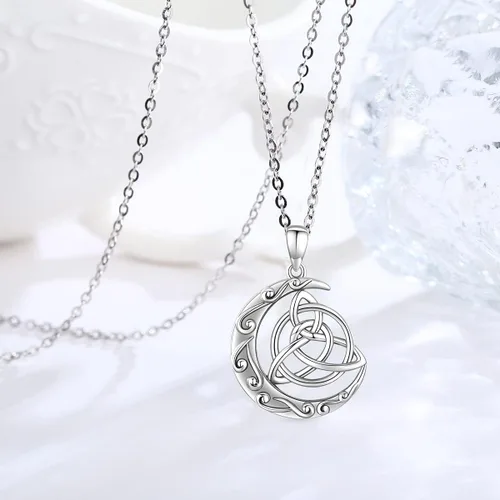 Vista 2 de Collar de pentagrama de plata de ley con triple luna, diosa celta, nudo celta, nudo de brujas, pentáculo, sol y luna, hécate, tetragrammaton, collar