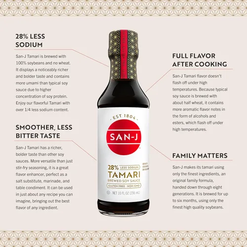 Vista 4 de San-J Salsa de soja Tamari, 28% menos de sodio, sin gluten, despensa a granel, 64 onzas Sal reducida, Umami rico, sin trigo, kosher, especialmente