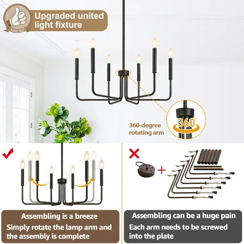 Vista 3 de Lynnoland - Candelabros de 6 luces de granja para comedor, accesorios de iluminación colgantes, lámparas industriales modernas para dormitorio Negro