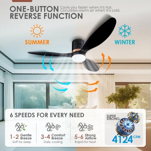 Vista 4 de 52 Inch Flush Mount Quiet Low Profile Ceiling Fan with Light and Remote Black/52