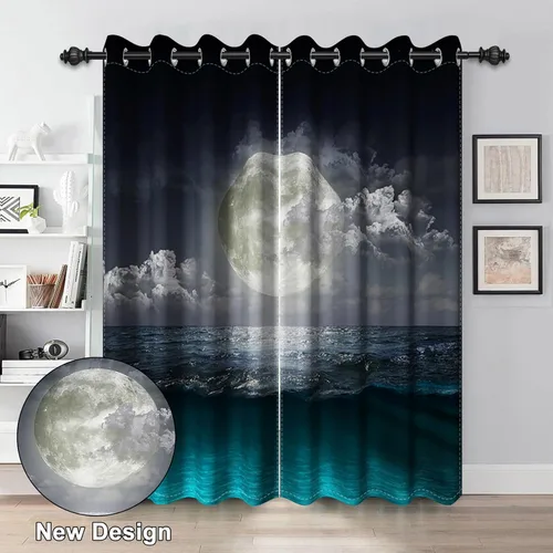 Vista 2 de Renaiss Cortinas opacas con luna llena y océano, cortinas de ventana de paisaje nocturno para dormitorio, nivel del mar, cortinas de ventana