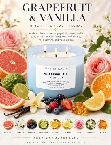Vista 2 de Vela de soja de 3 mechas de vainilla de pomelo Vela perfumada grande de 15.8 onzas para el hogar Vela de aromaterapia altamente perfumada