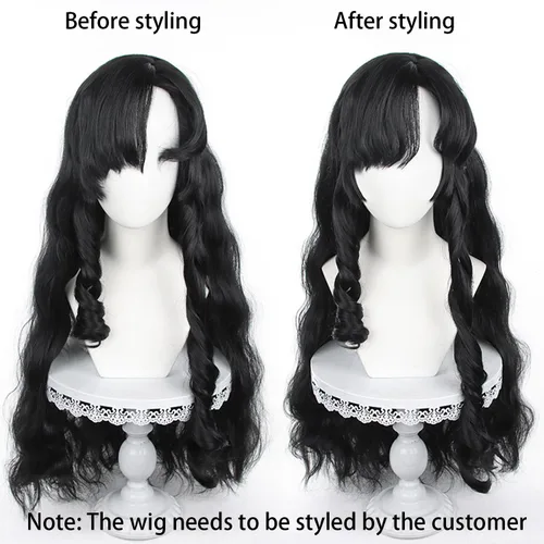 Vista 7 de Peluca para cosplay, disfraz de anime, pelo largo, cabello ondulado negro con flequillo y para mujer, fiesta familiar de Halloween Isolda